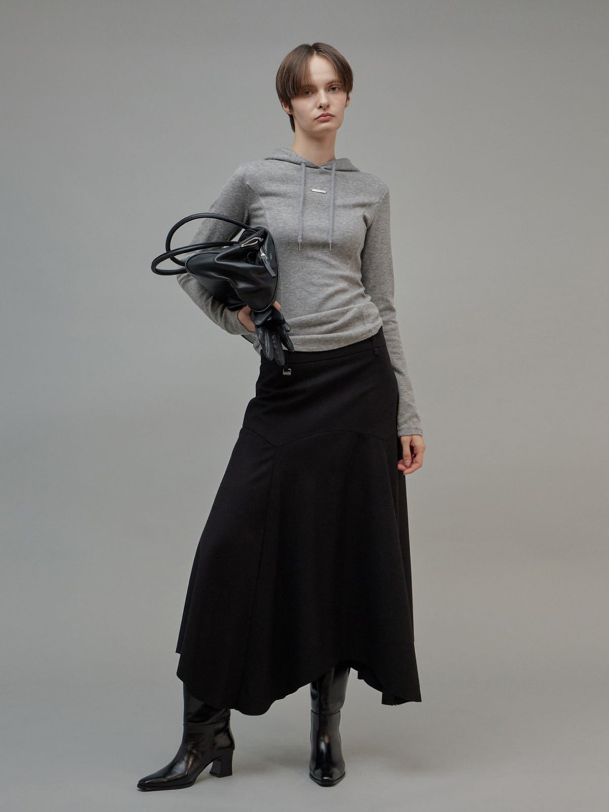 프롬웨얼(FROMWHERE) Wool Draping Long Skirt Black