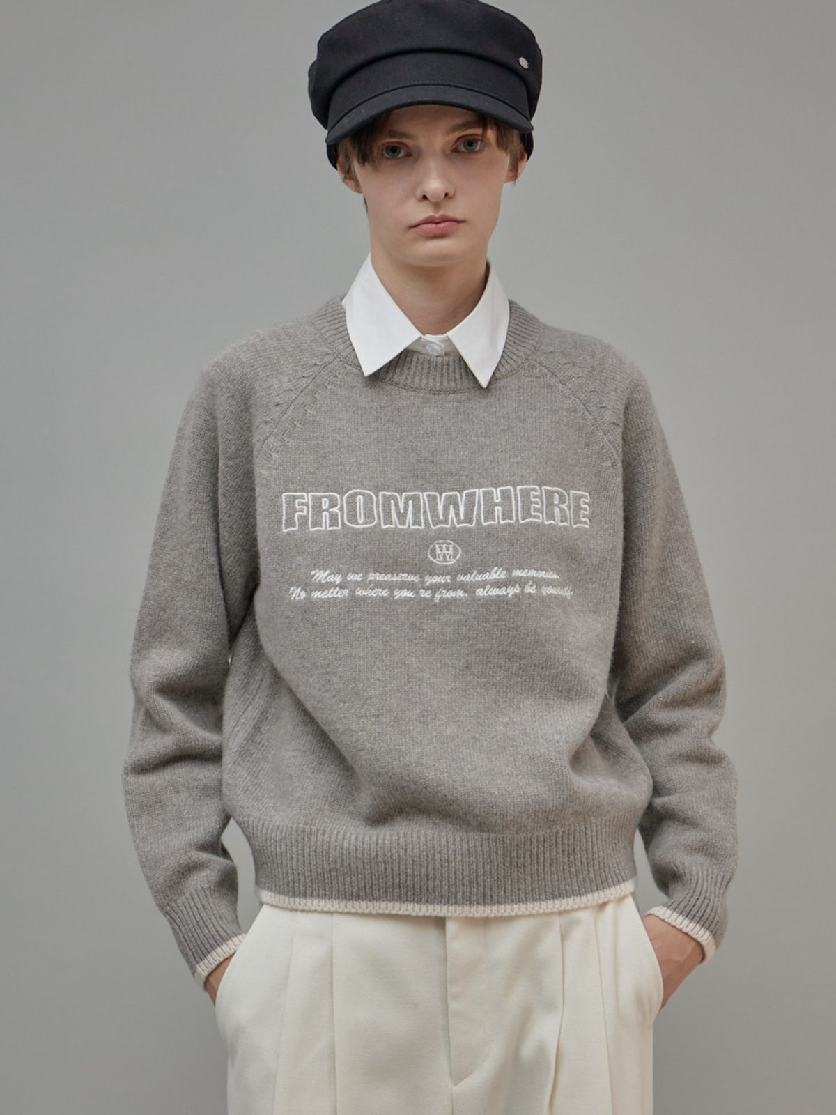 프롬웨얼(FROMWHERE) Embroidery Wool Sweater Gray