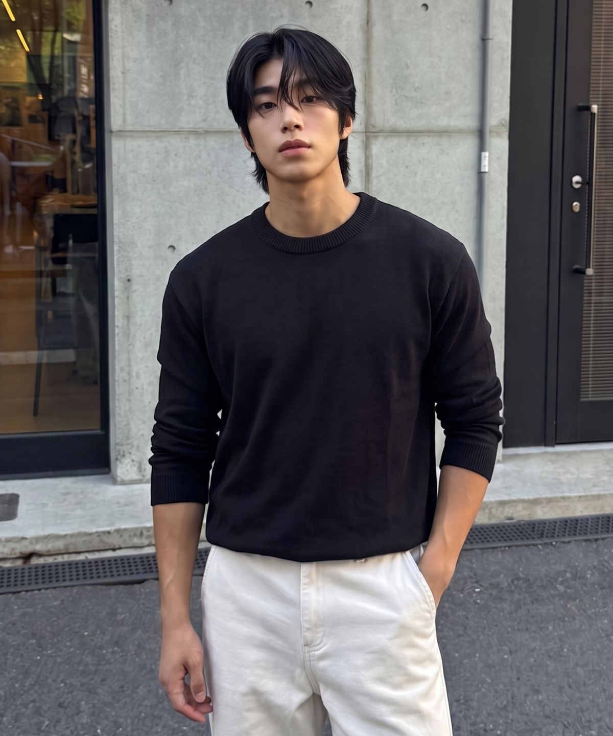 에르비노(HERVINO) 데일리 크루넥 니트 스웨터[블랙]