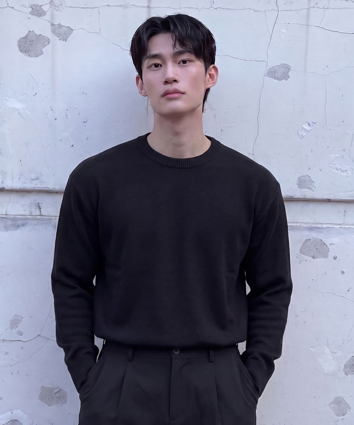 에르비노(HERVINO) 데일리 크루넥 니트 스웨터[블랙]