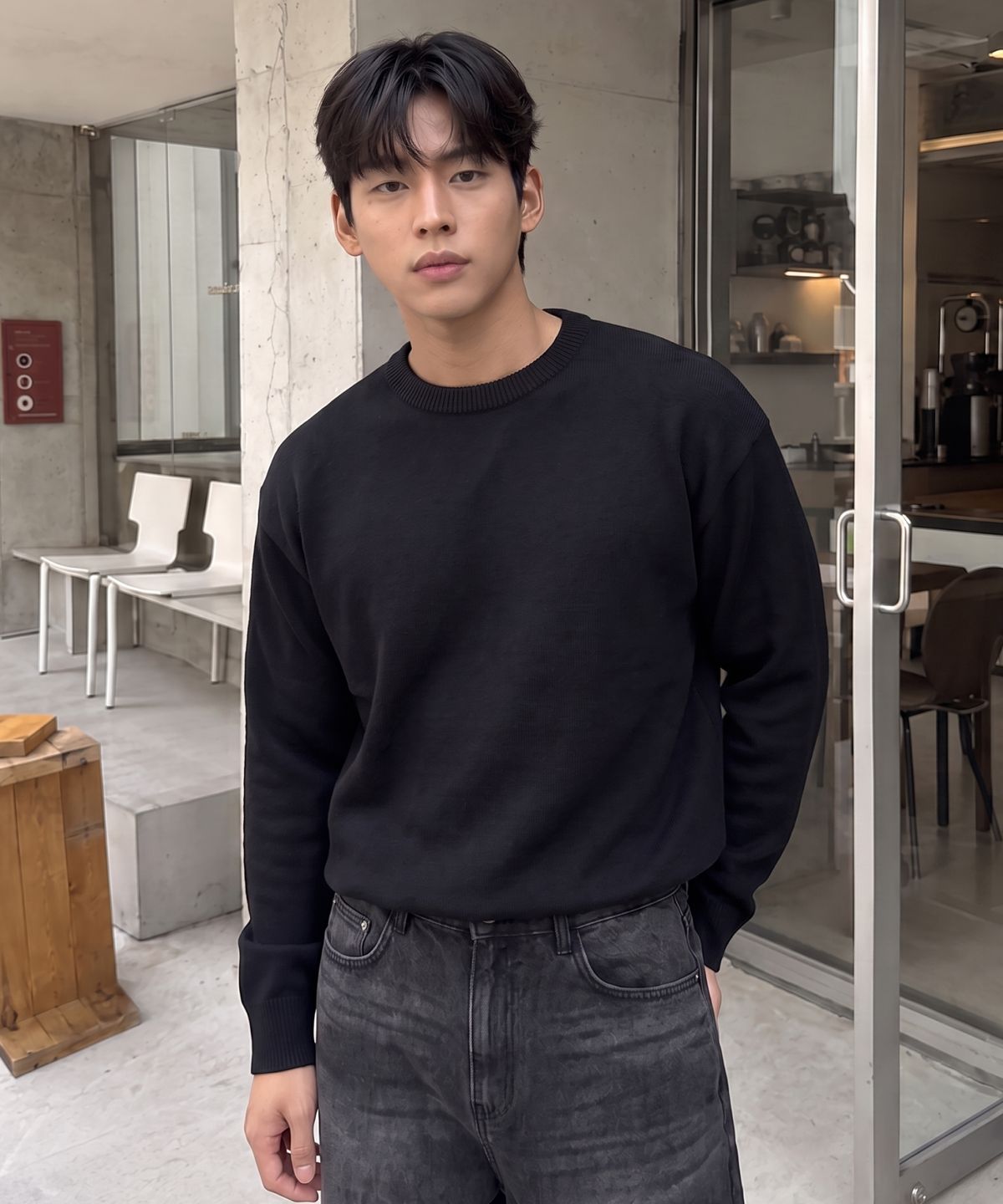 에르비노(HERVINO) 데일리 크루넥 니트 스웨터[블랙]