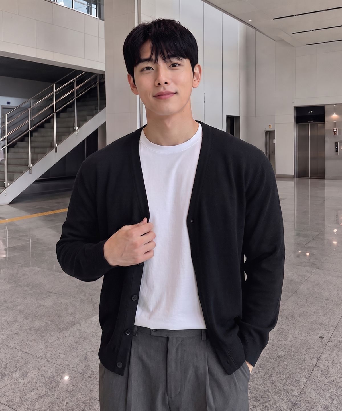 에르비노(HERVINO) 데일리 에센셜 컴포트 니트 가디건[블랙]