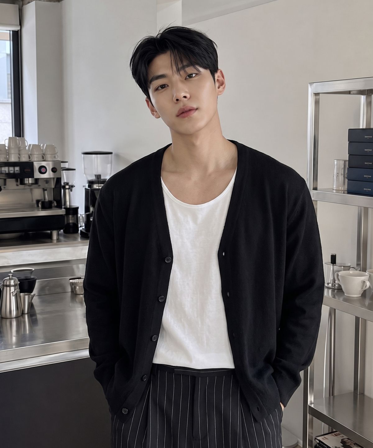 에르비노(HERVINO) 데일리 에센셜 컴포트 니트 가디건[블랙]