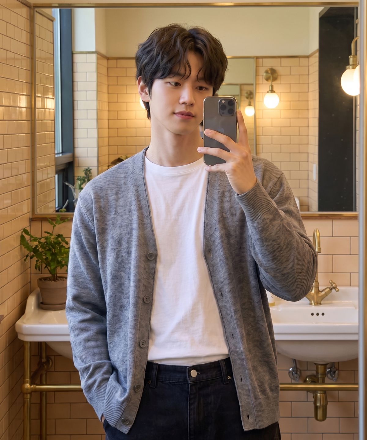 에르비노(HERVINO) 데일리 에센셜 컴포트 니트 가디건[그레이]