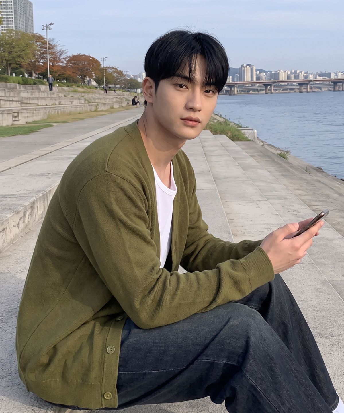 에르비노(HERVINO) 데일리 에센셜 컴포트 니트 가디건[올리브]