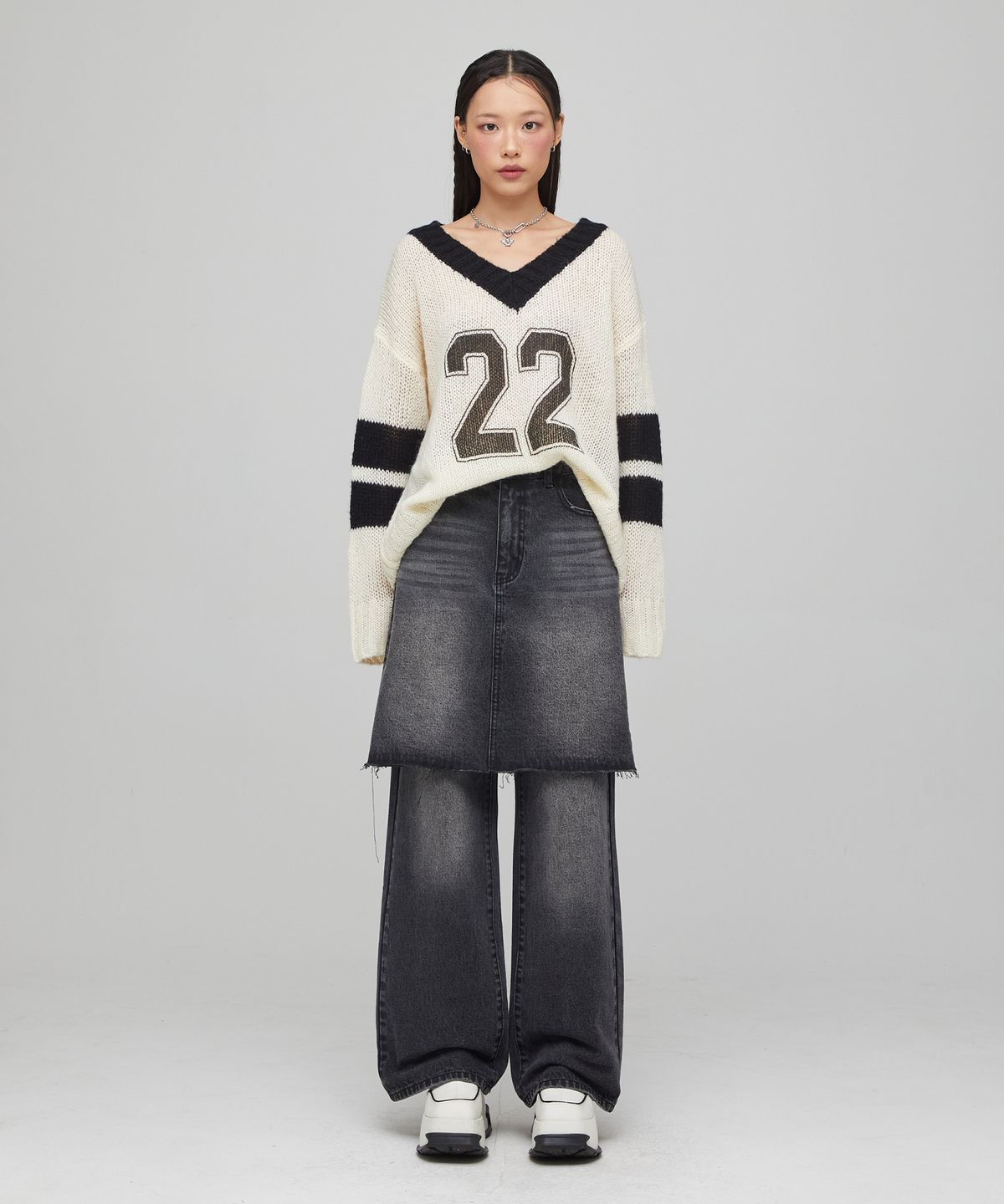 라라폭스(LALAFOX) BLACK DENIM MIDI SKIRT PANTS BLACK BQ4DP005