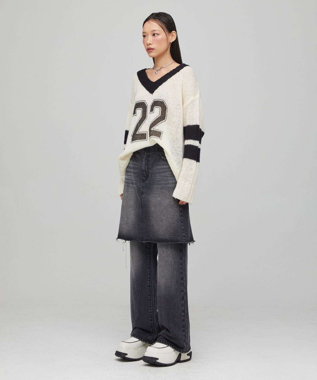 라라폭스(LALAFOX) BLACK DENIM MIDI SKIRT PANTS BLACK BQ4DP005