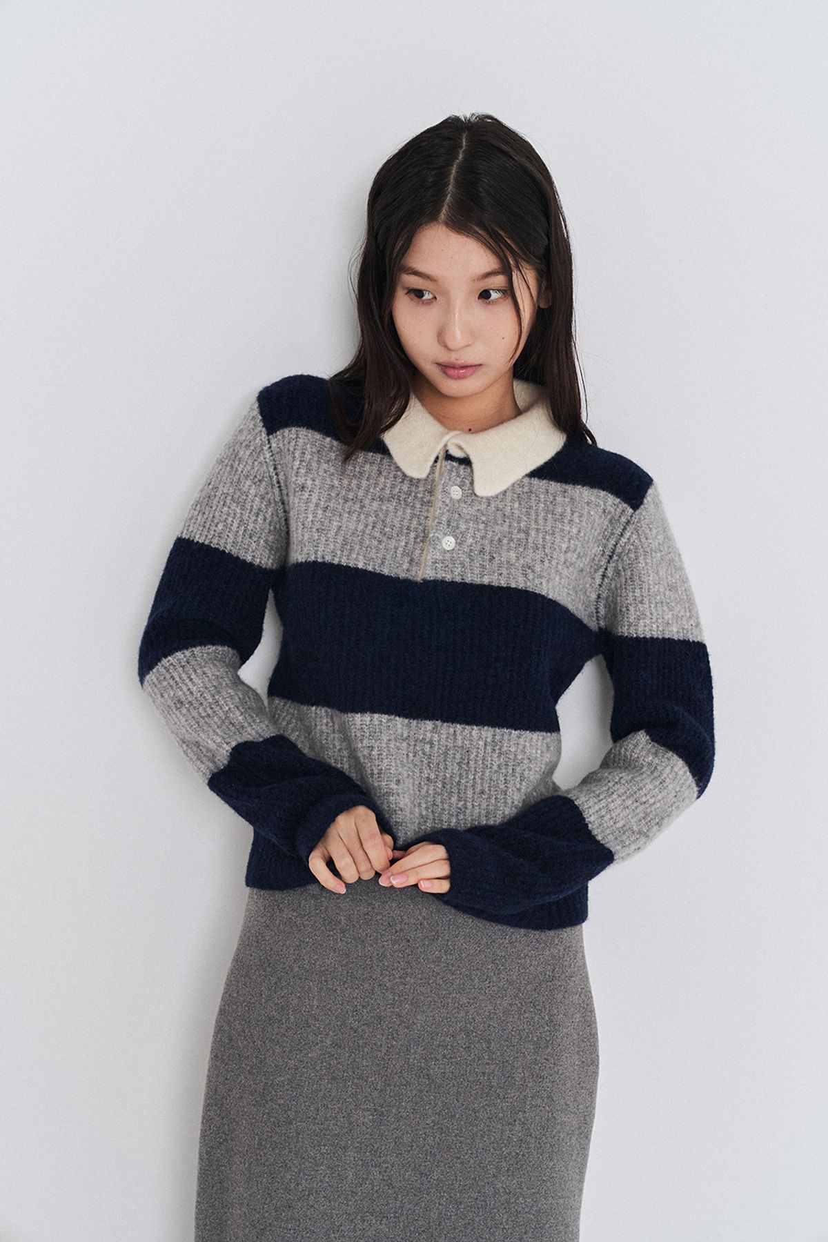 포커페이스(POKERFACE) (W)RUGBY SWEATER GREY/NAVY