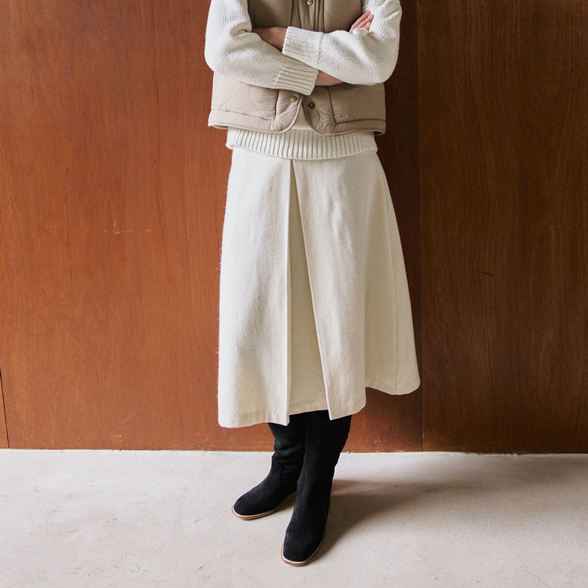 노우드(NOEUD) Double-sided pleats skirt (Ivory)