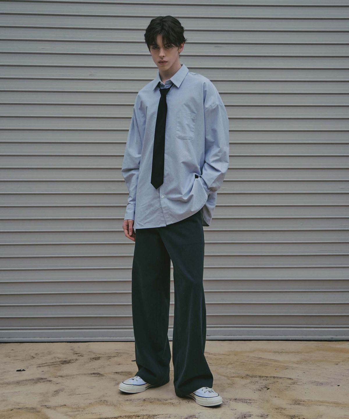 라드에디션(LAD EDITION) 포켓 스티치 와이드 베이커 팬츠_블랙