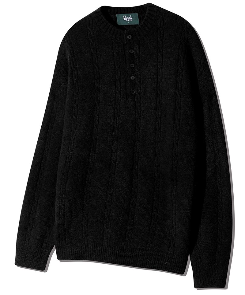 MUSINSA | NODU Soft Henry Neck Round Long Sleeve Knit [Black]
