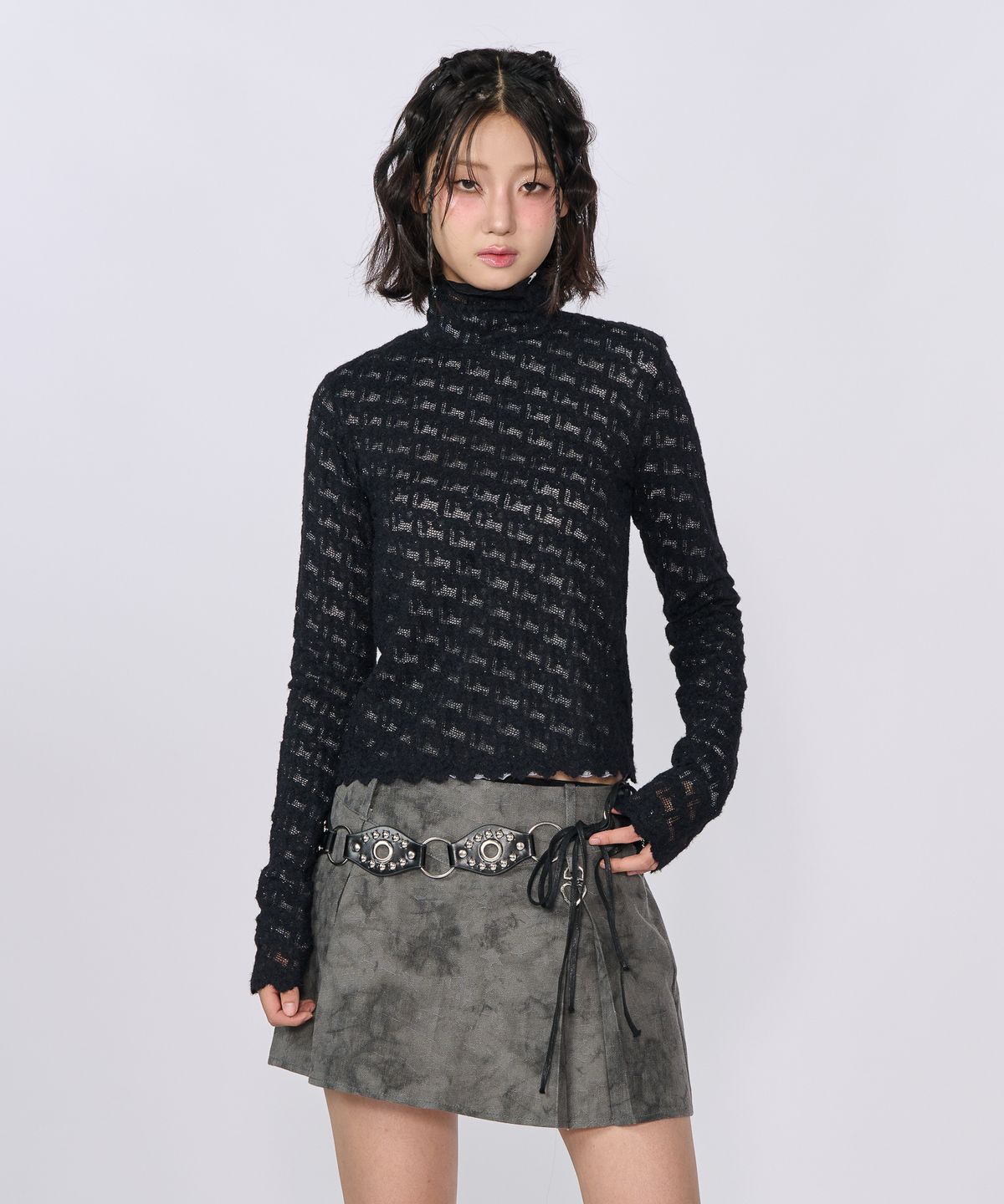 언유주얼 노말(UNUSUALNORMAL) RIBBON HIGH-NECK T-SHIRT_BLACK