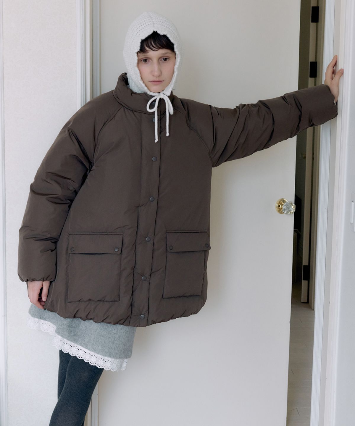 시눈(SINOON) Raglan Half Down Jacket (Khaki Brown)