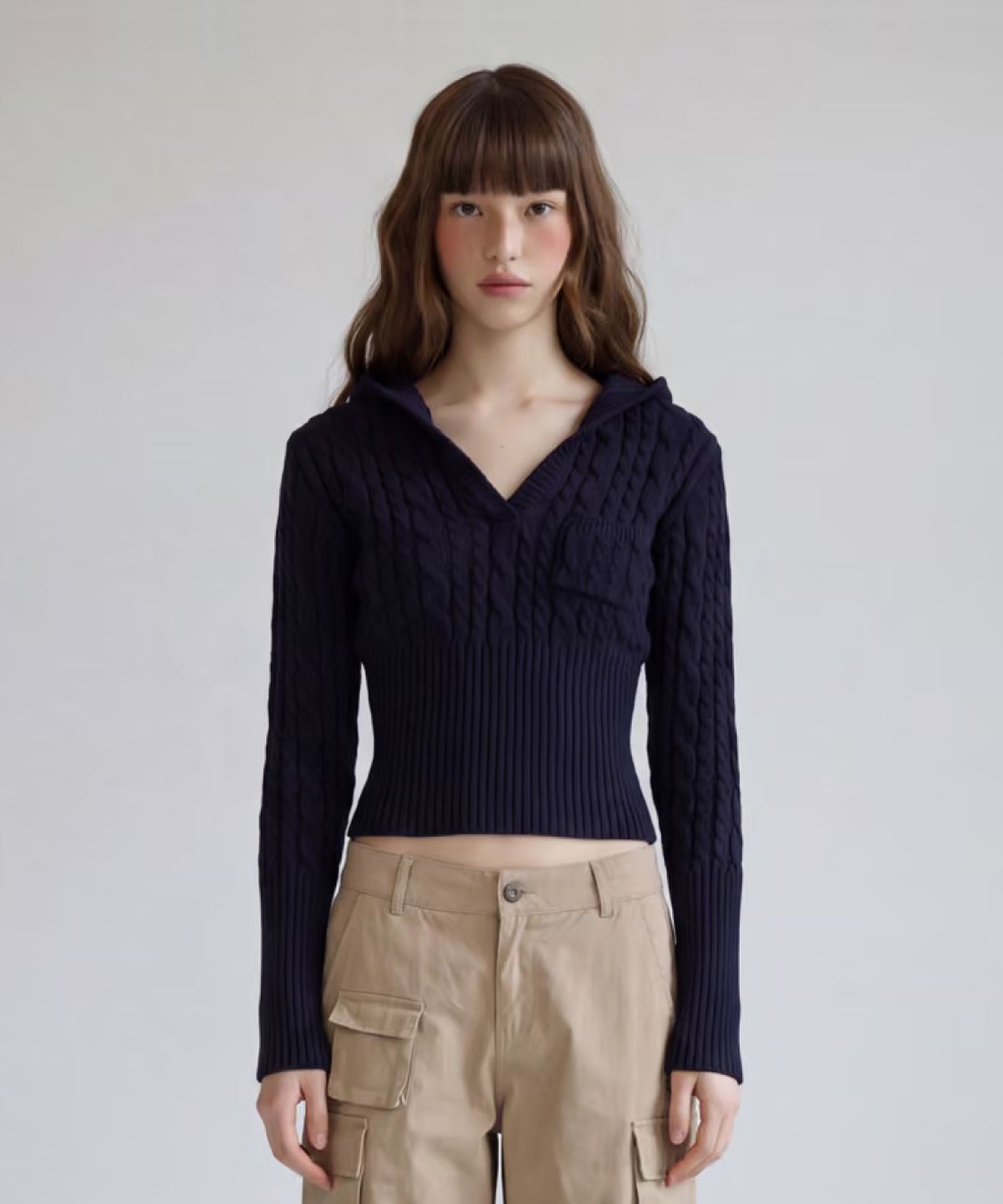 키시닝(KISYNING) Twist Crochet V-neck Hoodie (Navy)