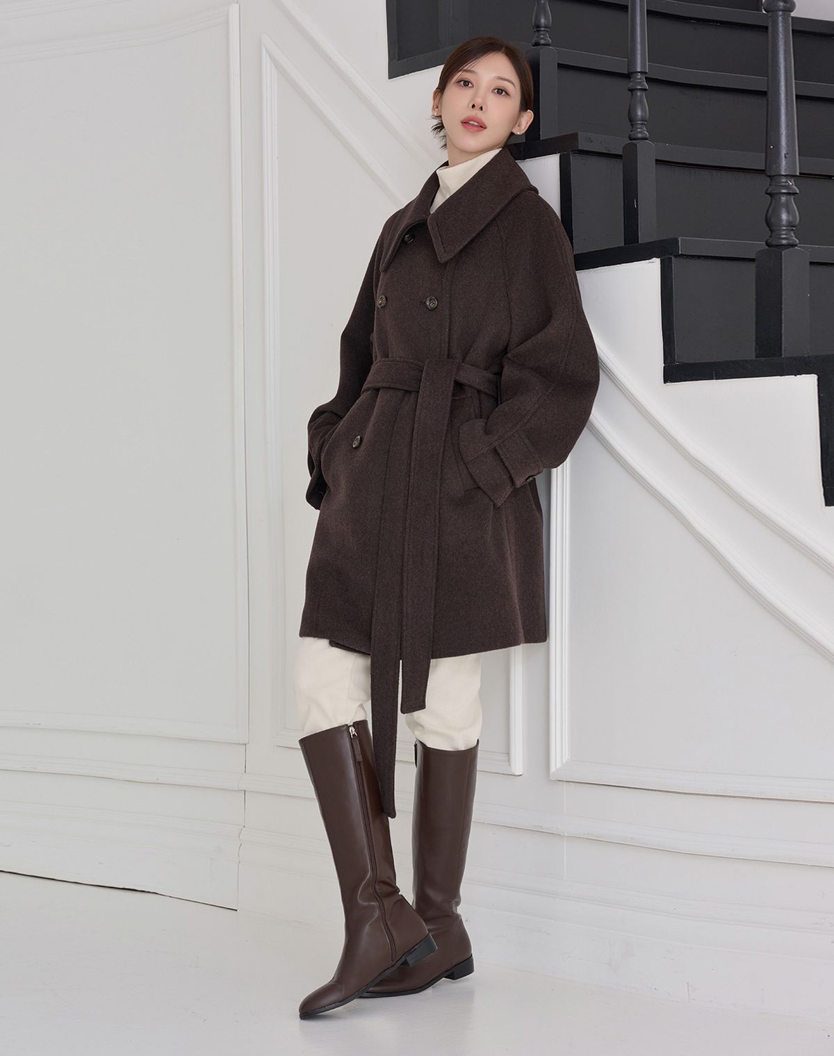 지에마르(GIEMAR) WIDE COLLAR WOOL HALF COAT BROWN 와이드 카라 울 하프 코트 브라운