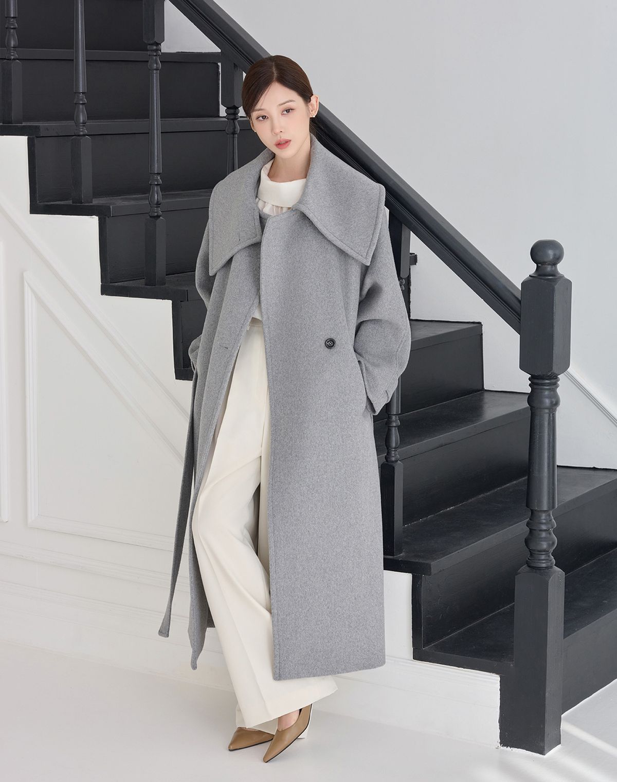 지에마르(GIEMAR) [S사이즈 추가]  COLLAR POINT WOOL LONG COAT GRAY 카라 포인트 울 롱 코트 그레이