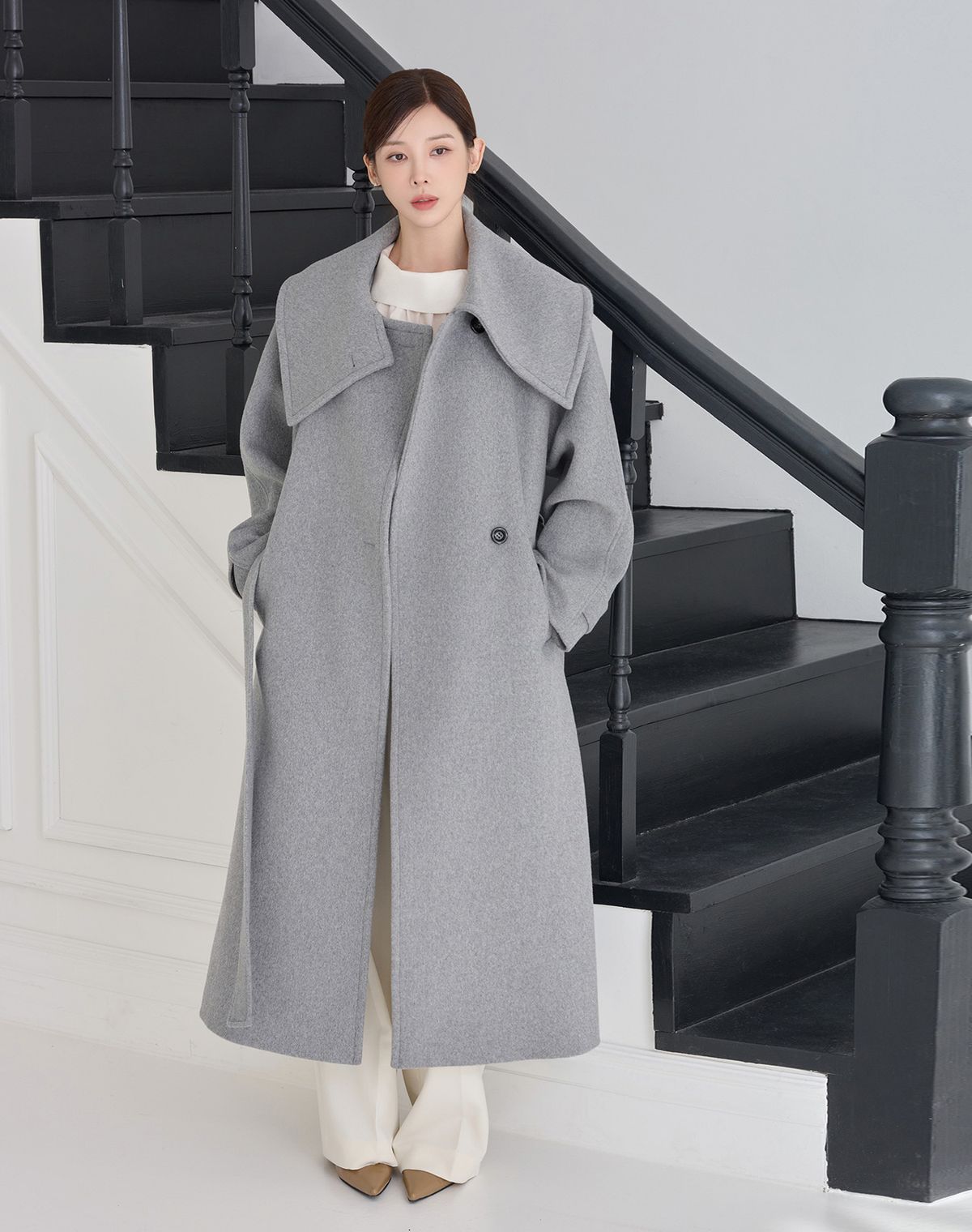 지에마르(GIEMAR) [S사이즈 추가]  COLLAR POINT WOOL LONG COAT GRAY 카라 포인트 울 롱 코트 그레이