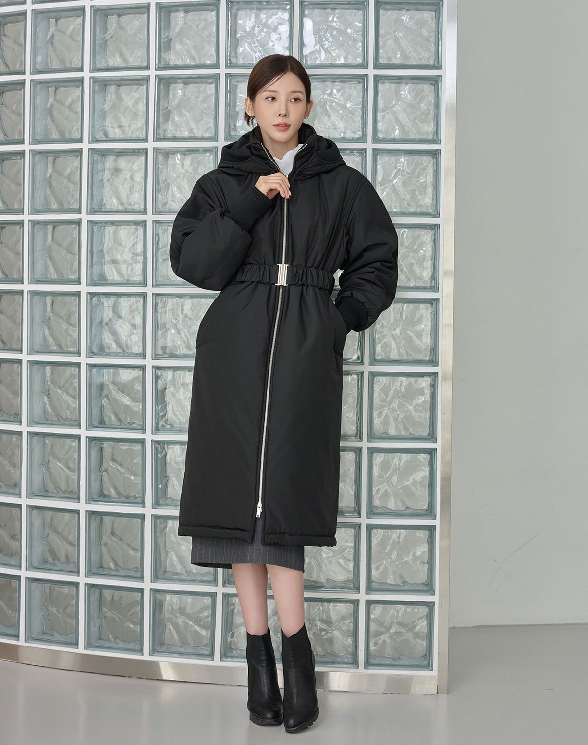 지에마르(GIEMAR) BELT LONG PADDING JUMPER BLACK 벨트 롱 패딩 점퍼 블랙