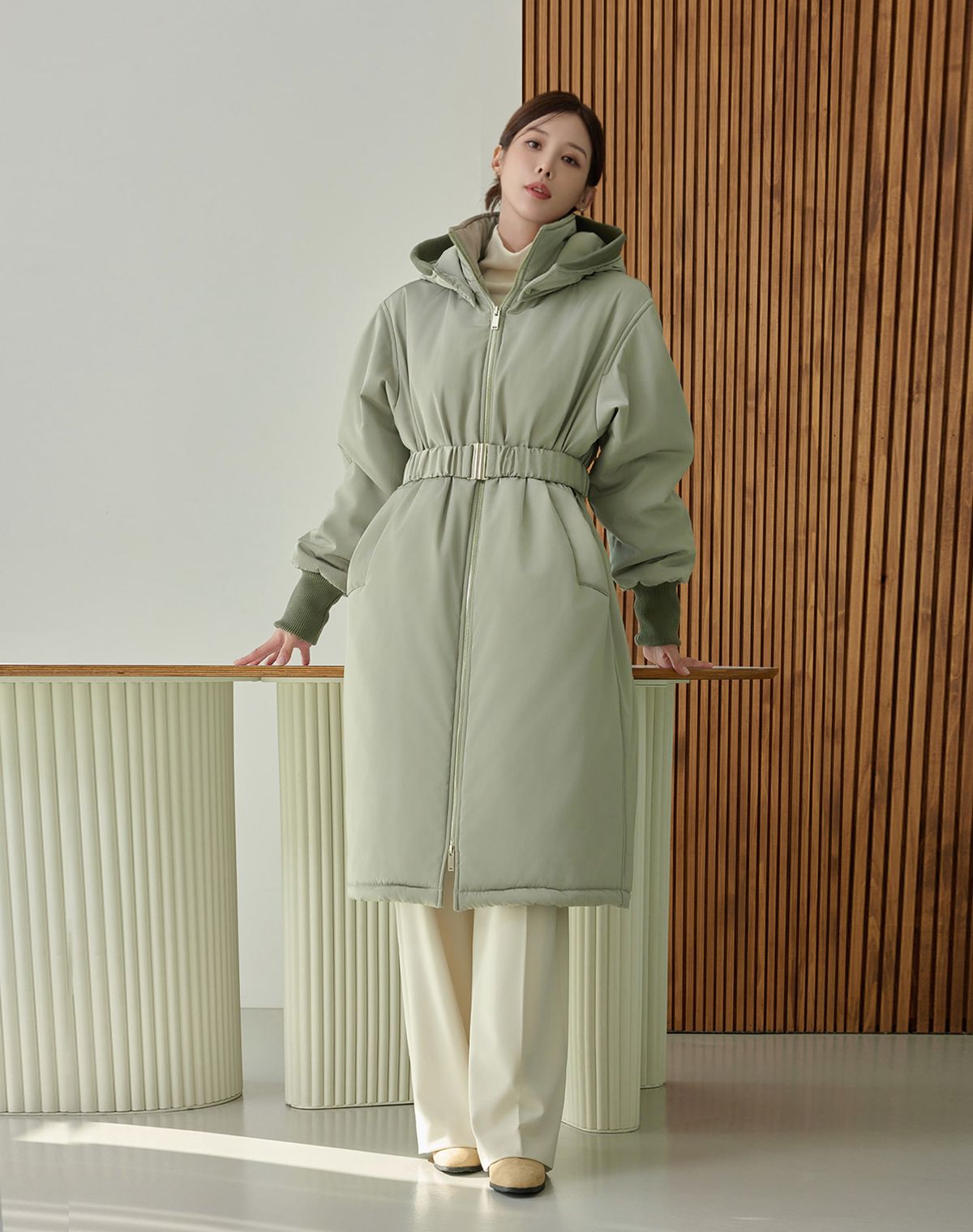 지에마르(GIEMAR) BELT LONG PADDING JUMPER GREEN 벨트 롱 패딩 점퍼 그린