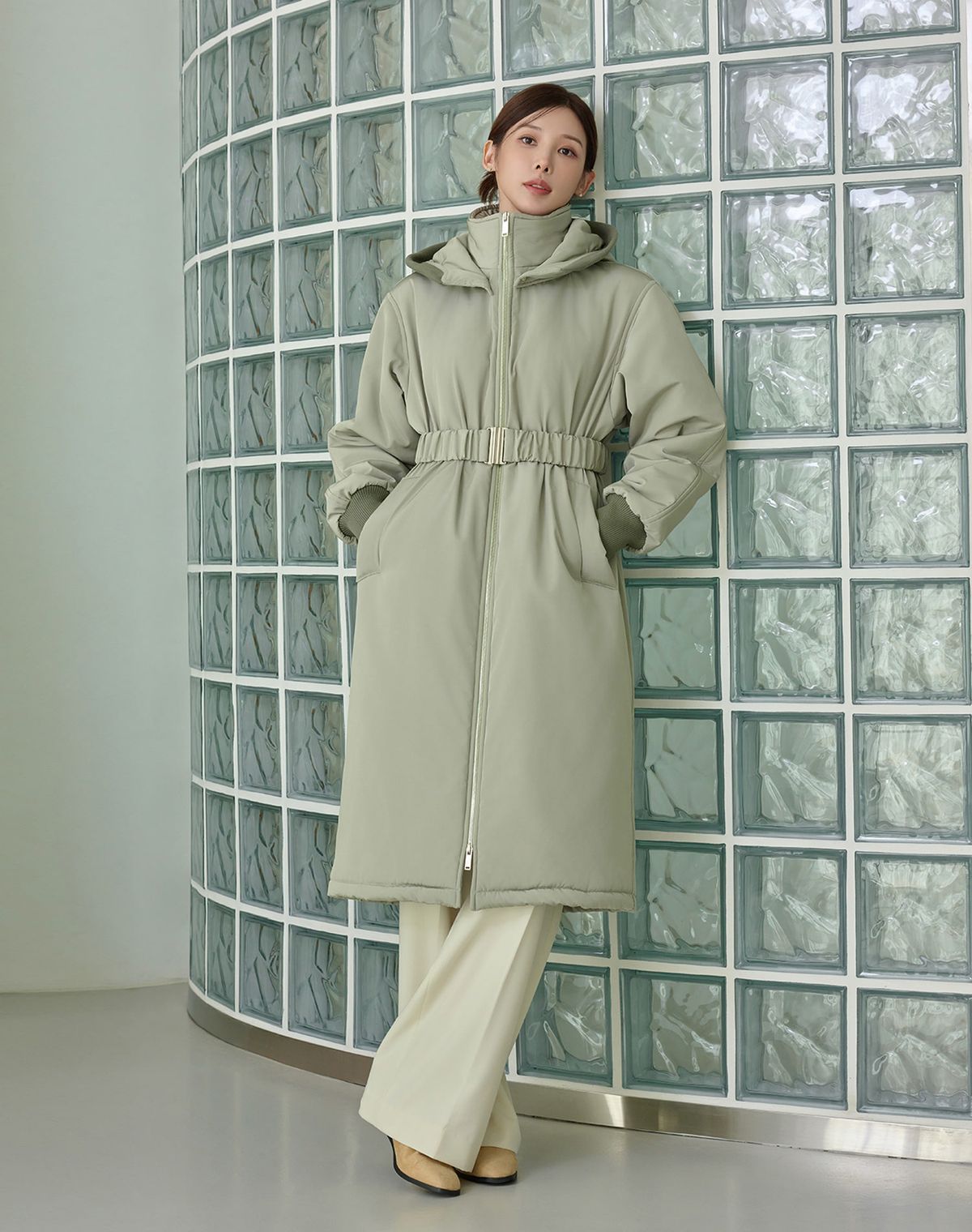 지에마르(GIEMAR) BELT LONG PADDING JUMPER GREEN 벨트 롱 패딩 점퍼 그린