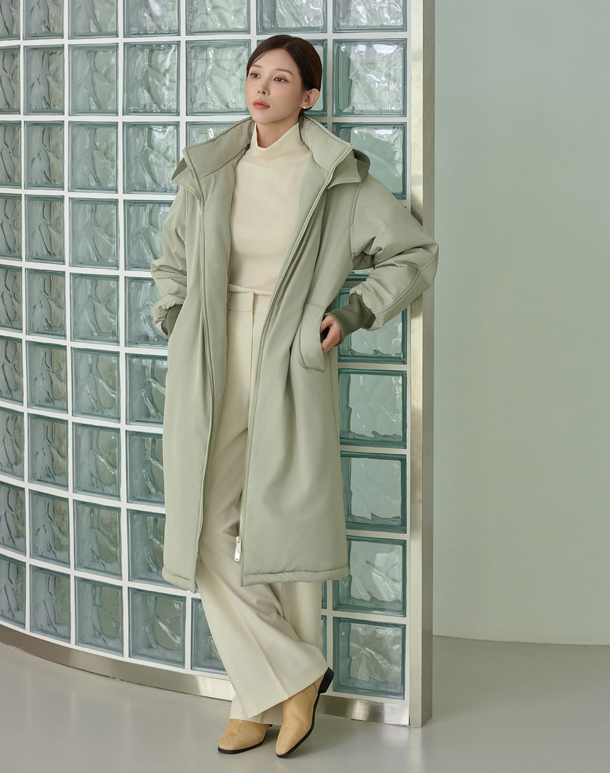 지에마르(GIEMAR) BELT LONG PADDING JUMPER GREEN 벨트 롱 패딩 점퍼 그린
