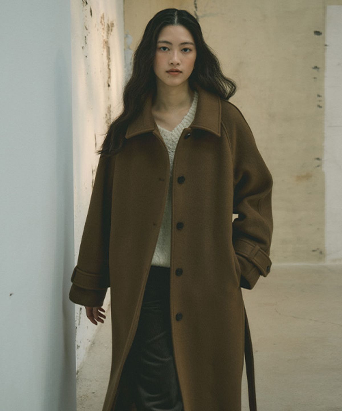 링서울(LINGSEOUL) wool belted balmacan coat-brown