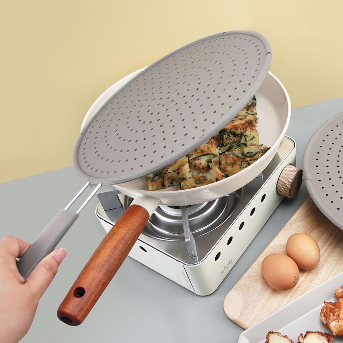 키친구(KITCHENGU) 실리콘 후라이팬덮개 스텐 슬림 삼각집게 세트