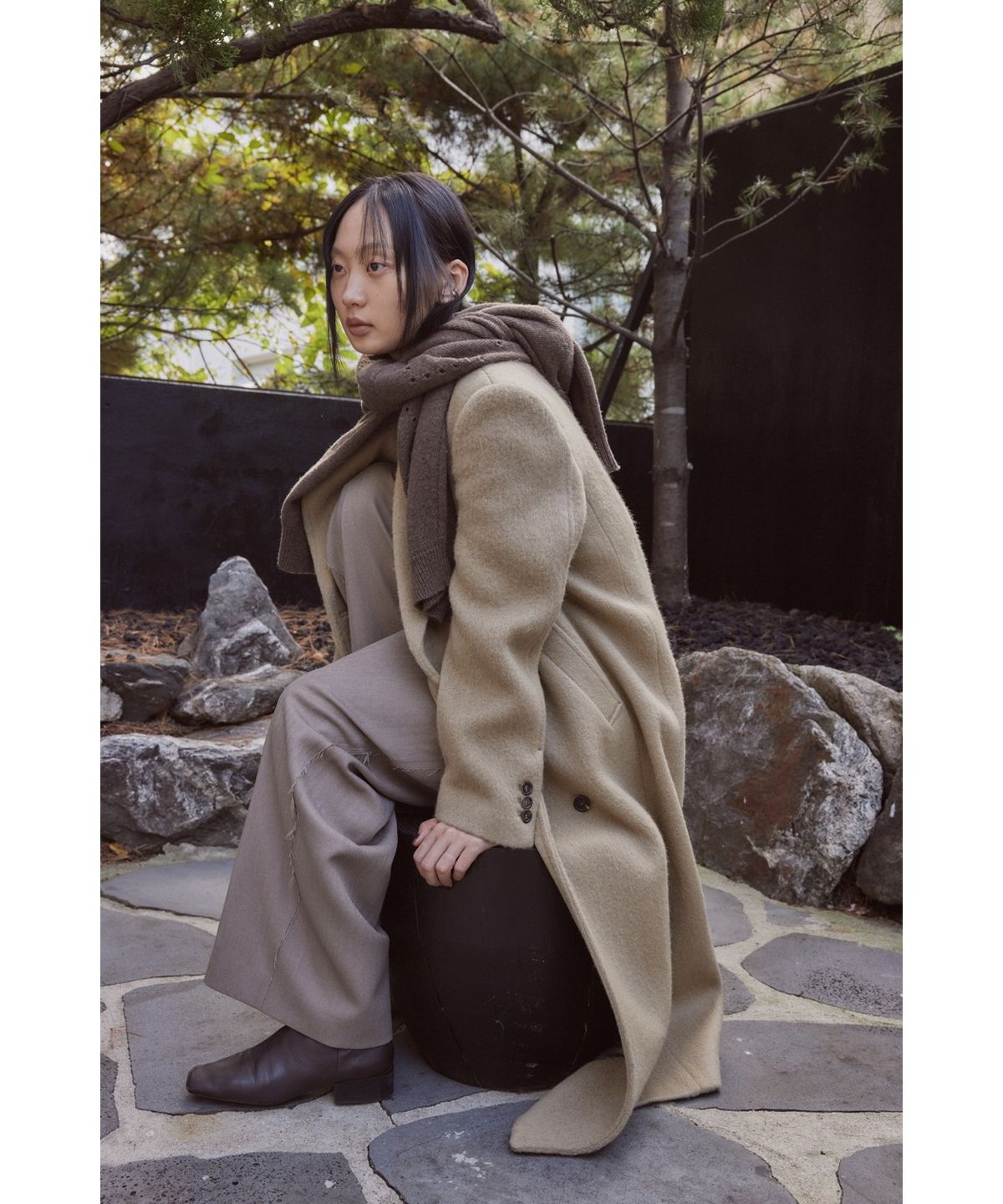 유스(YOUTH) Oversized Double Breasted Coat - Beige
