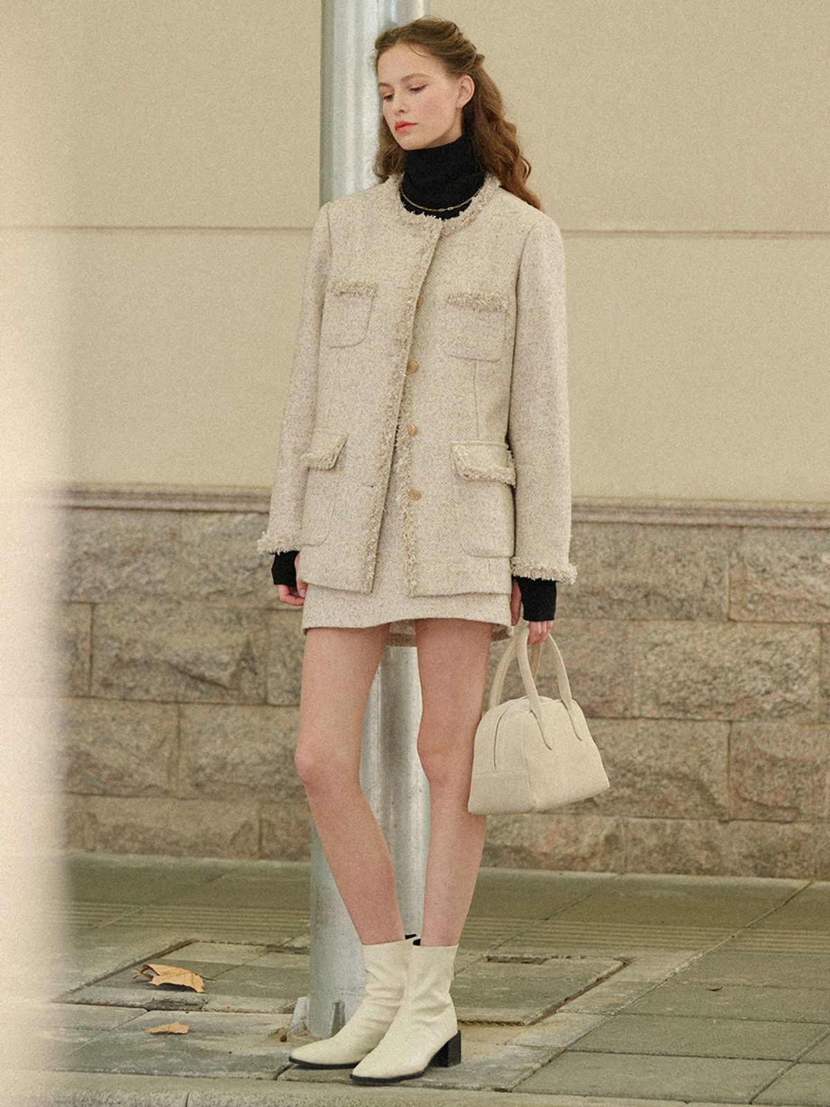 르니나(LENINA) TERESA woolen tweed quilting skirt_OATMEAL