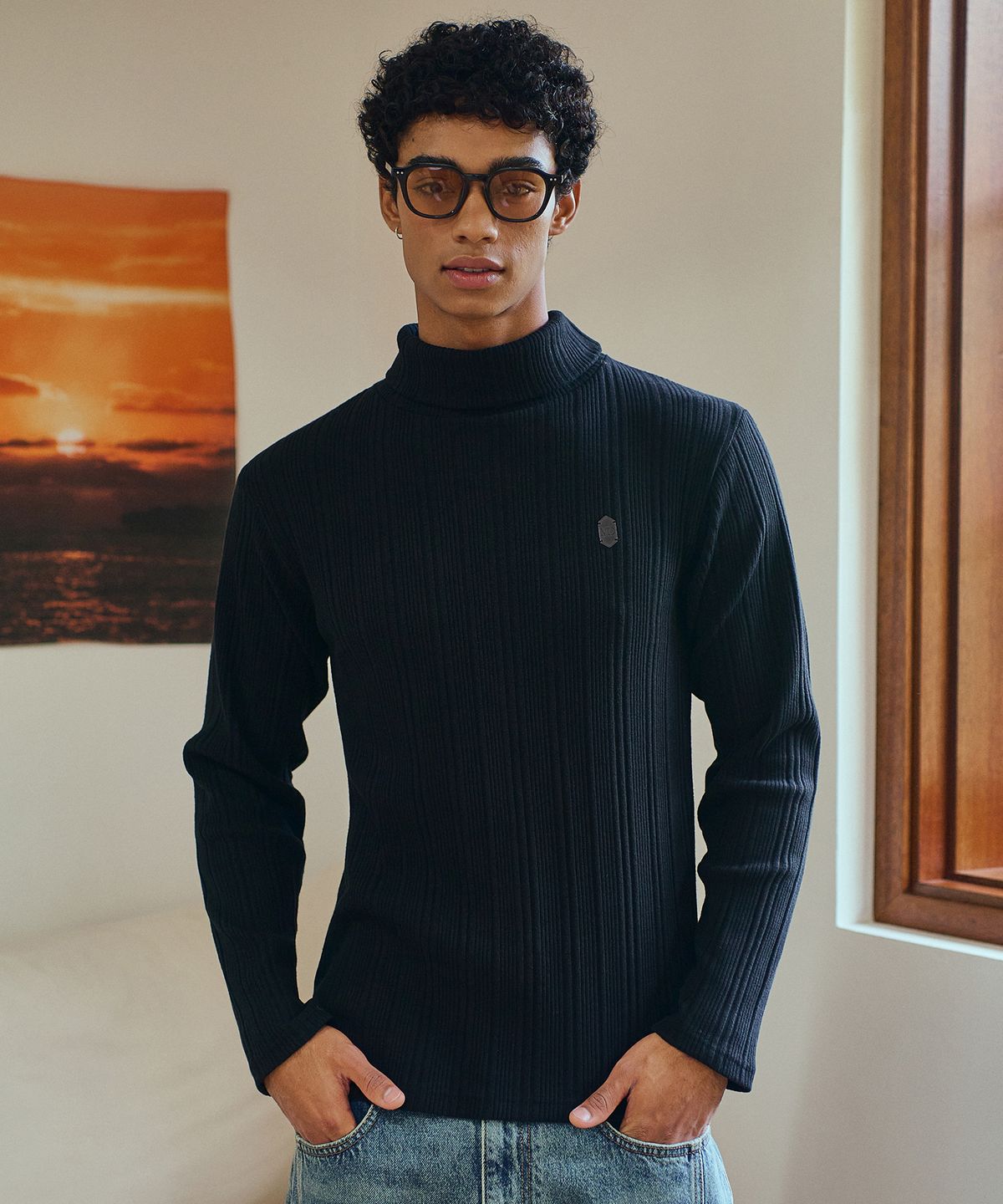 미드선(MIDSUN) Ribbed Slim Turtle Neck-Black