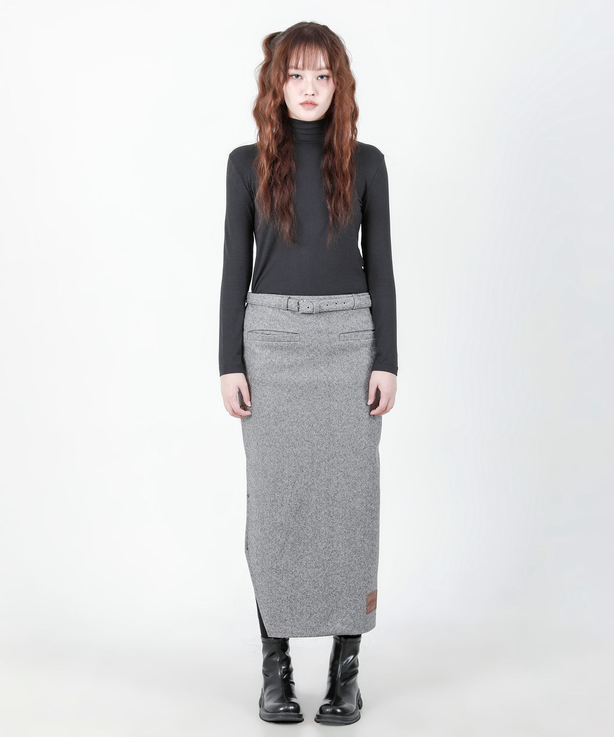카타르시스(KATHARSIS) 벨트 컷팅 롱  스커트 그레이 ONE SIZE