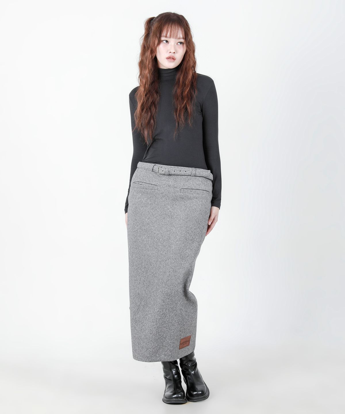 카타르시스(KATHARSIS) 벨트 컷팅 롱  스커트 그레이 ONE SIZE
