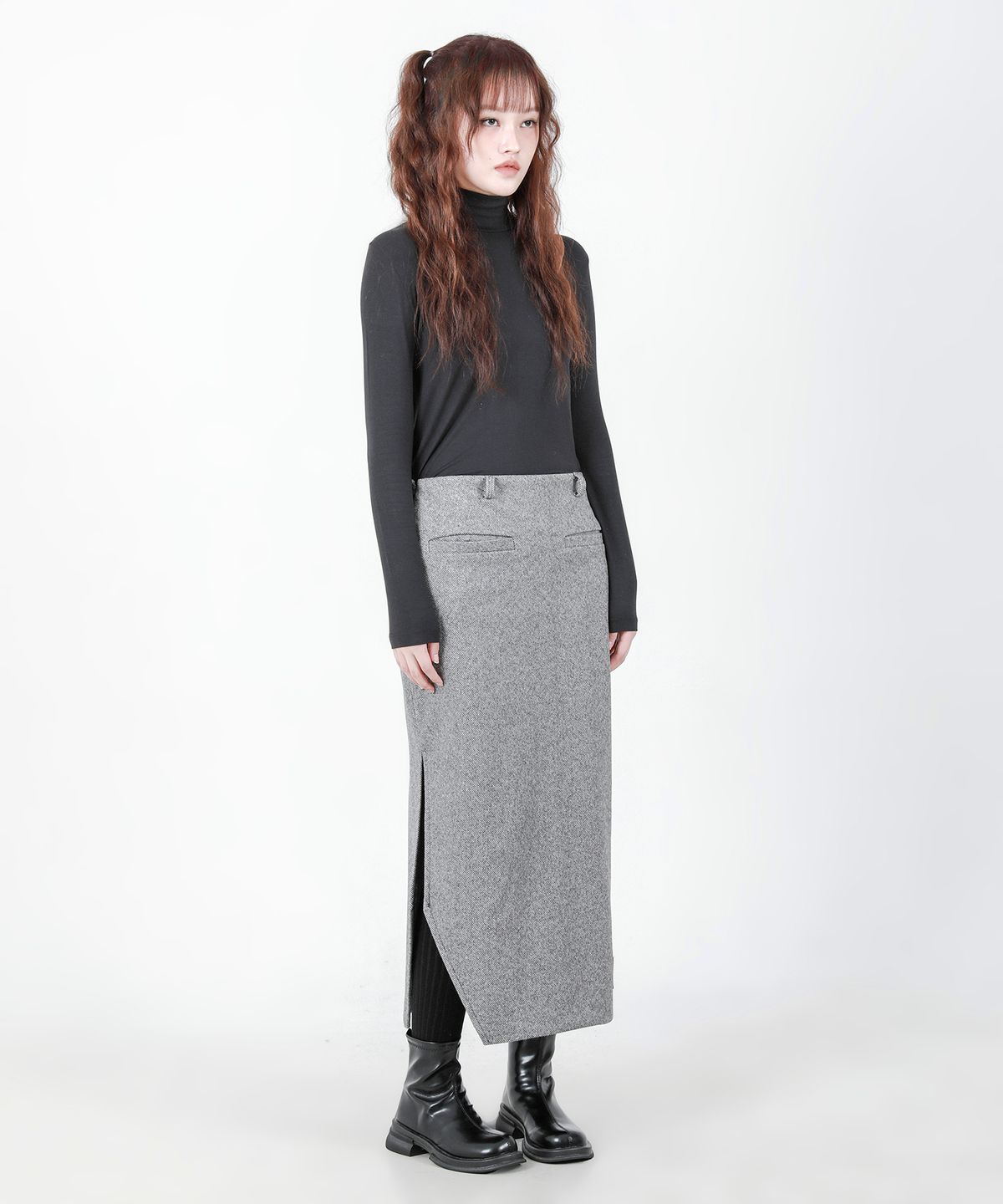 카타르시스(KATHARSIS) 벨트 컷팅 롱  스커트 그레이 ONE SIZE