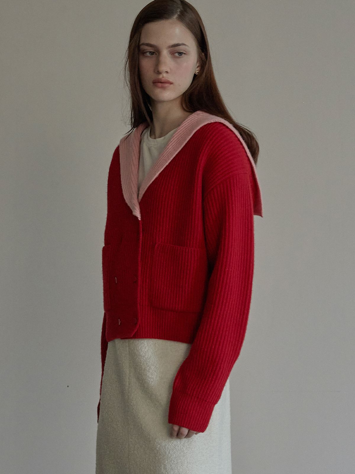 비뮤즈맨션(BEMUSE MANSION) Sailor collar double cardigan - Red
