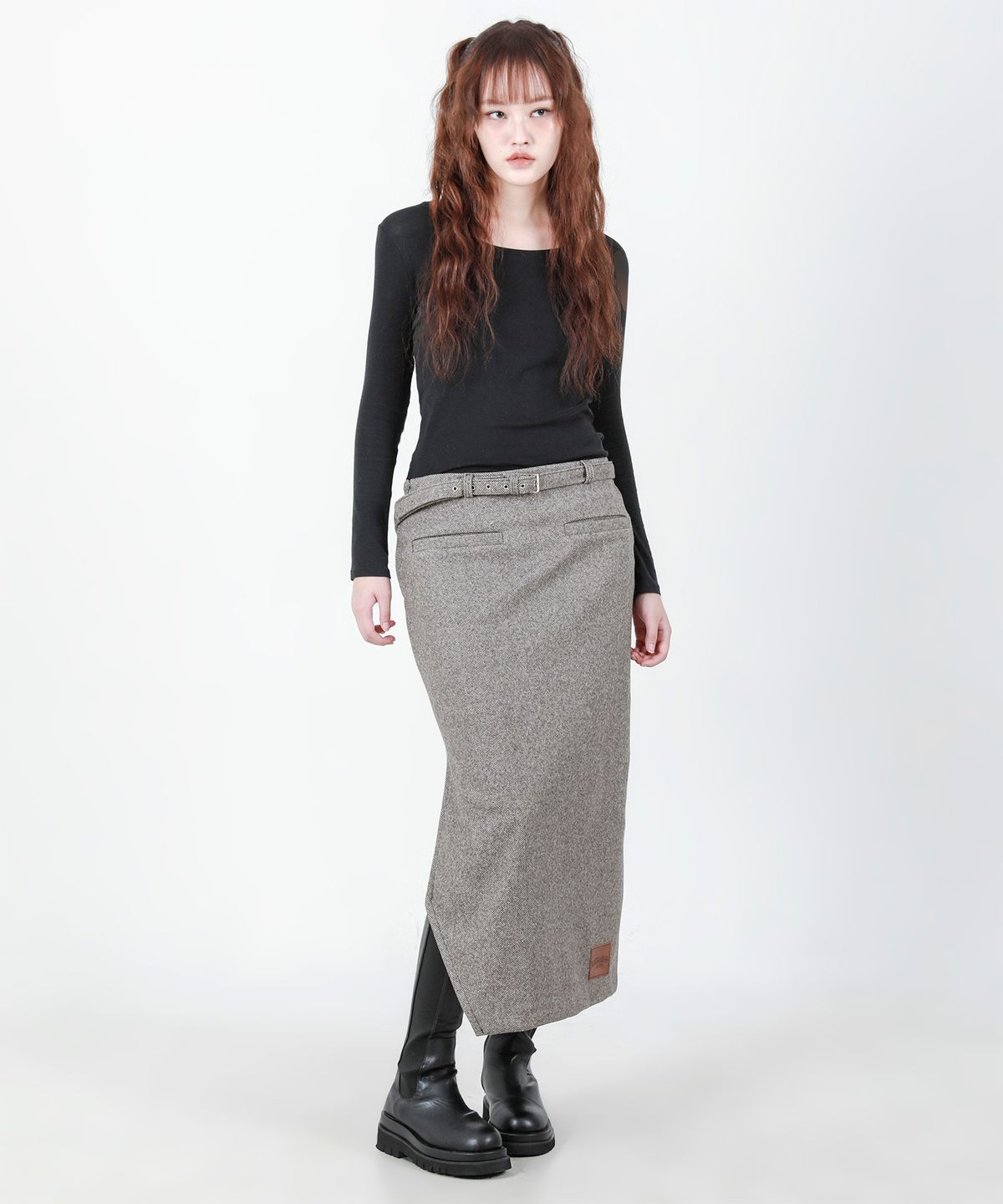 카타르시스(KATHARSIS) 벨트 컷팅 롱  스커트 브라운 ONE SIZE