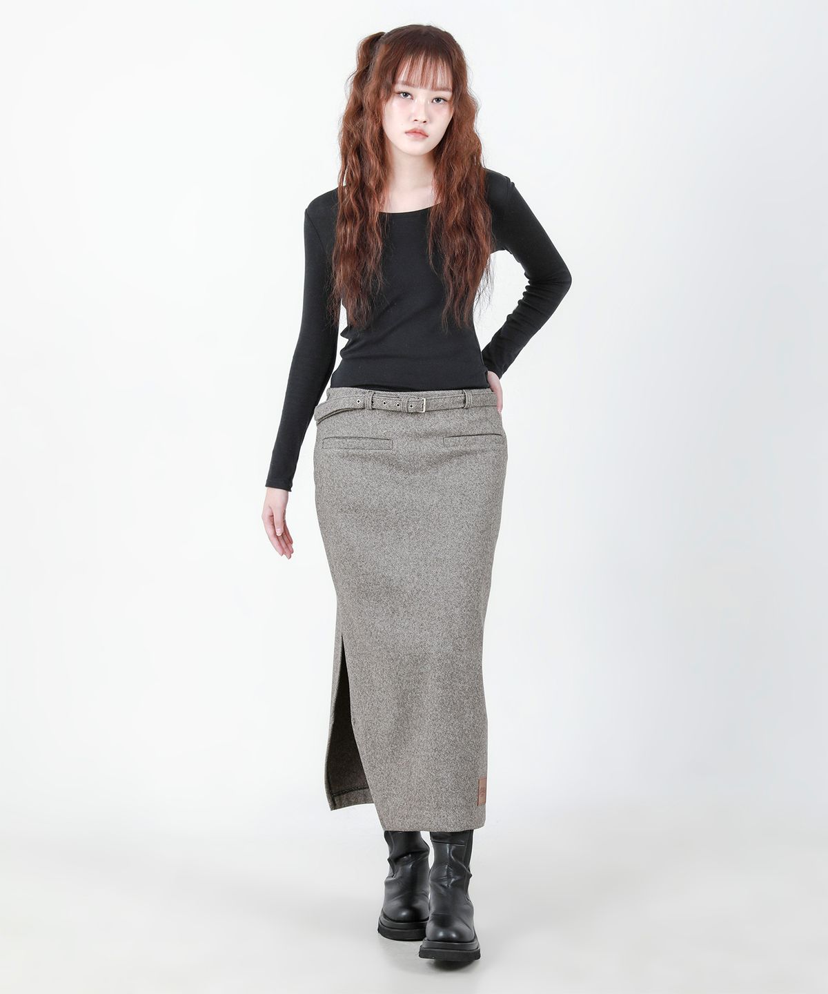 카타르시스(KATHARSIS) 벨트 컷팅 롱  스커트 브라운 ONE SIZE