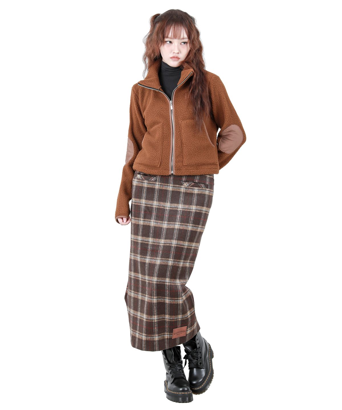 카타르시스(KATHARSIS) 벨트 컷팅 롱  스커트 브라운체크 ONE SIZE