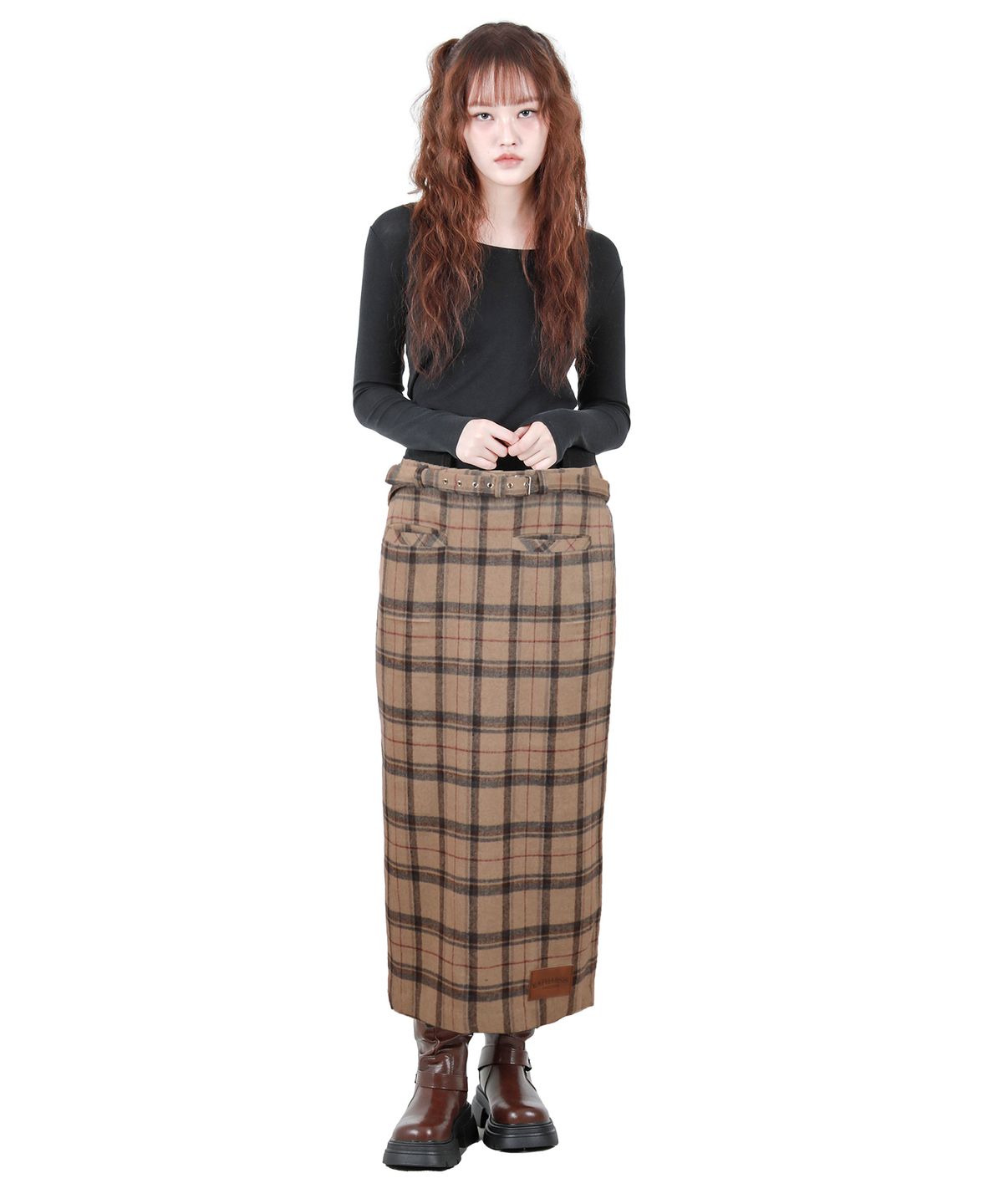 카타르시스(KATHARSIS) 벨트 컷팅 롱  스커트 베이지체크 ONE SIZE