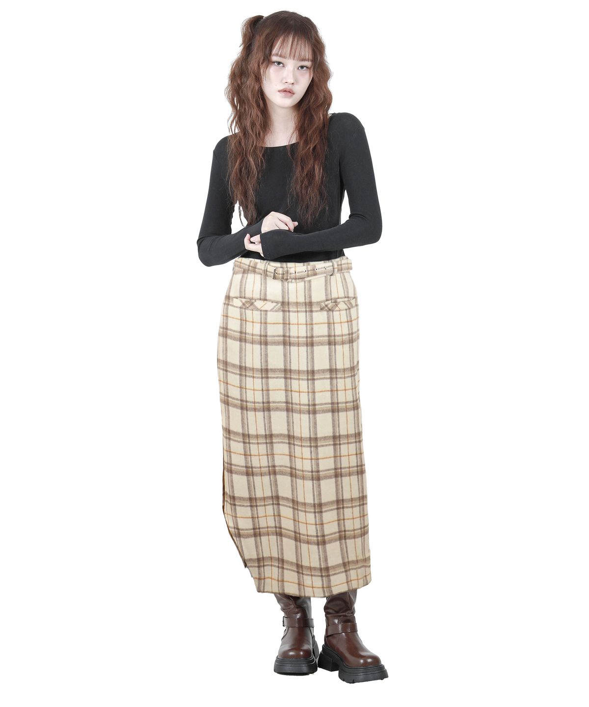 카타르시스(KATHARSIS) 벨트 컷팅 롱  스커트 아이보리 체크 ONE SIZE