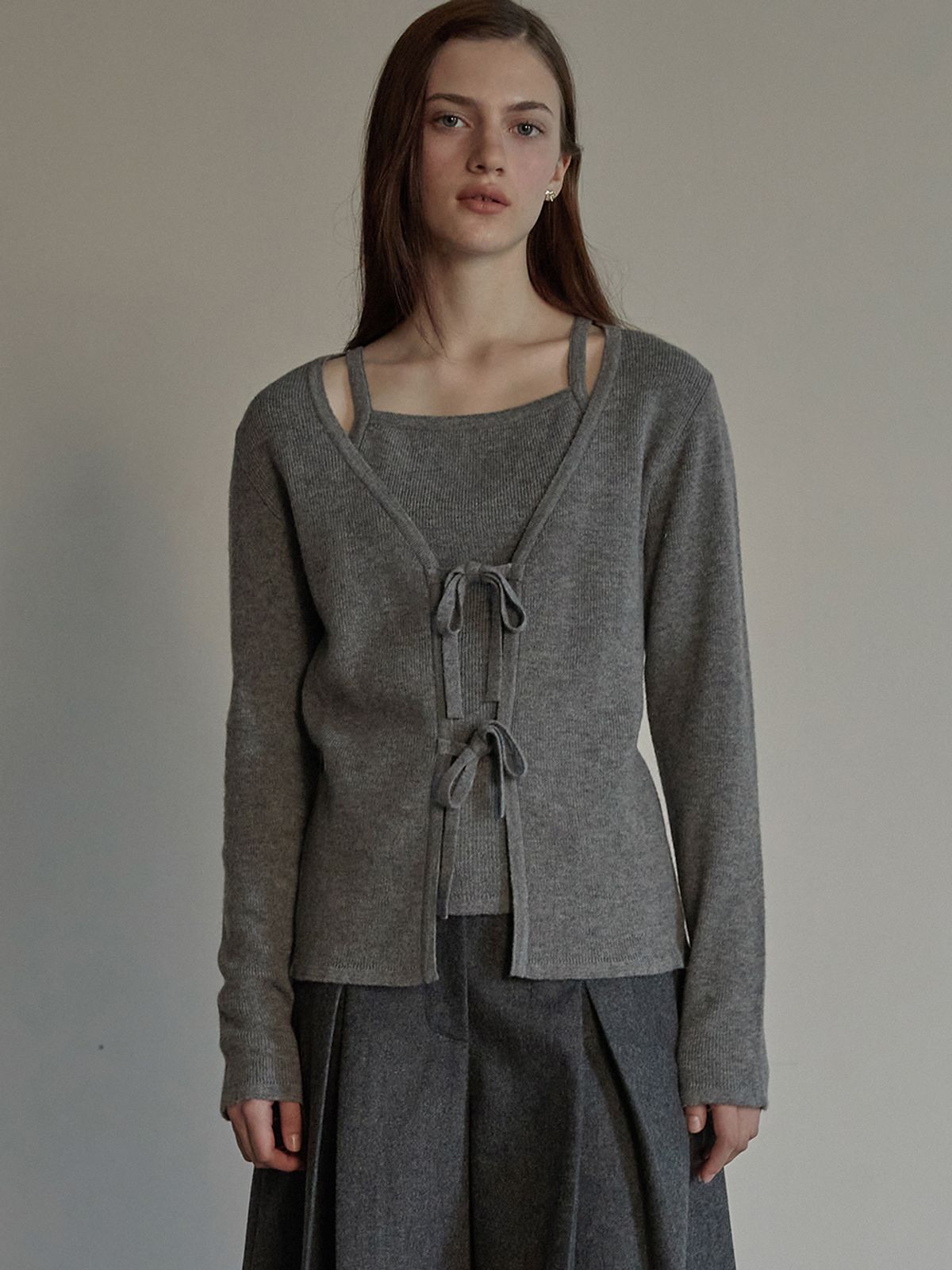 비뮤즈맨션(BEMUSE MANSION) Ribbon layered cardigan - Melange gray