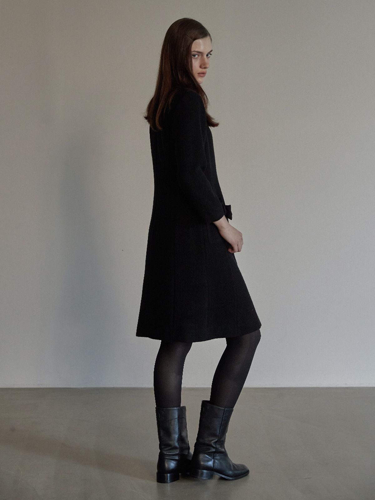비뮤즈맨션(BEMUSE MANSION) Ribbon point tweed dress - Black