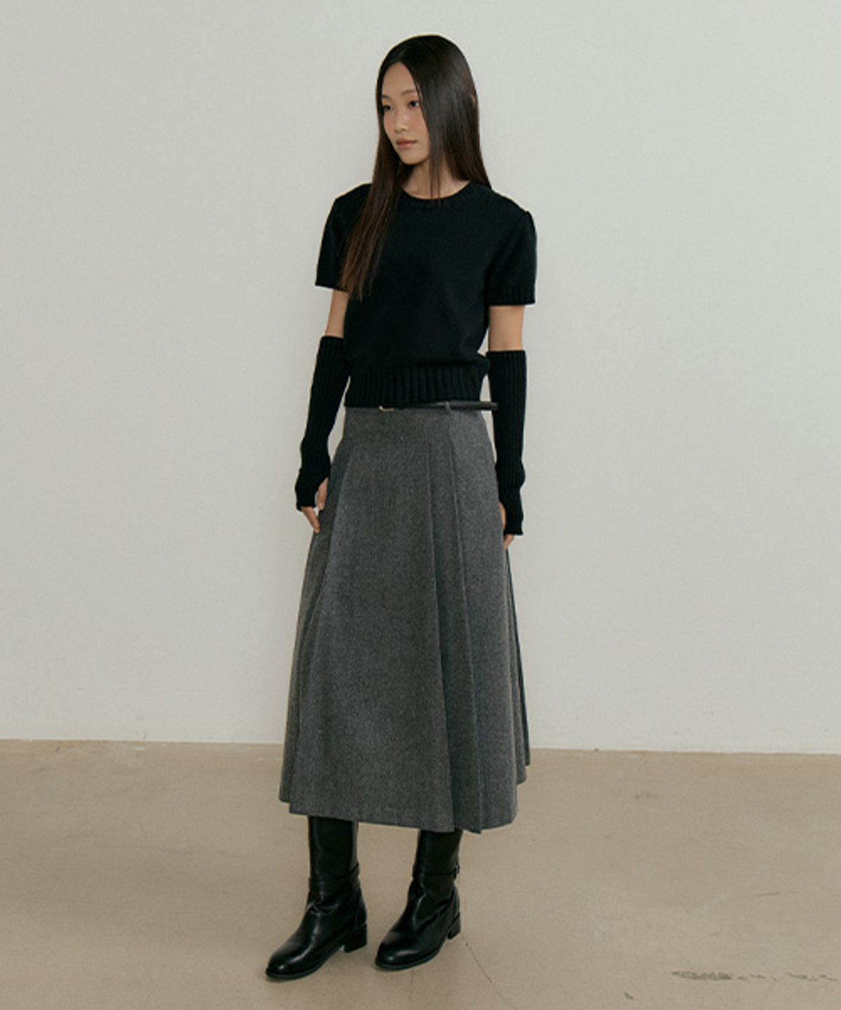 링서울(LINGSEOUL) lambs wool two tuck skirt-charcoal