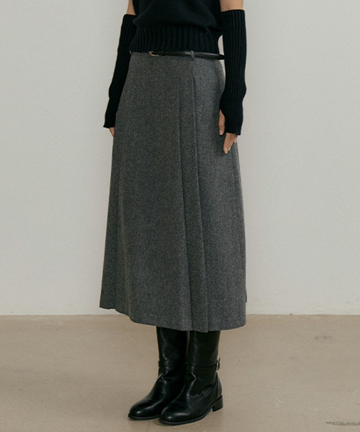 링서울(LINGSEOUL) lambs wool two tuck skirt-charcoal