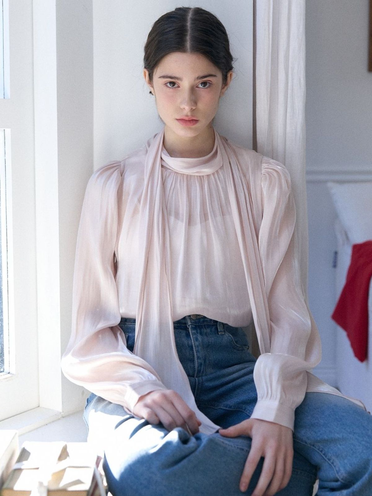 패브릭서울(FABRICSEOUL) tie collar silky glossy blouse_pink