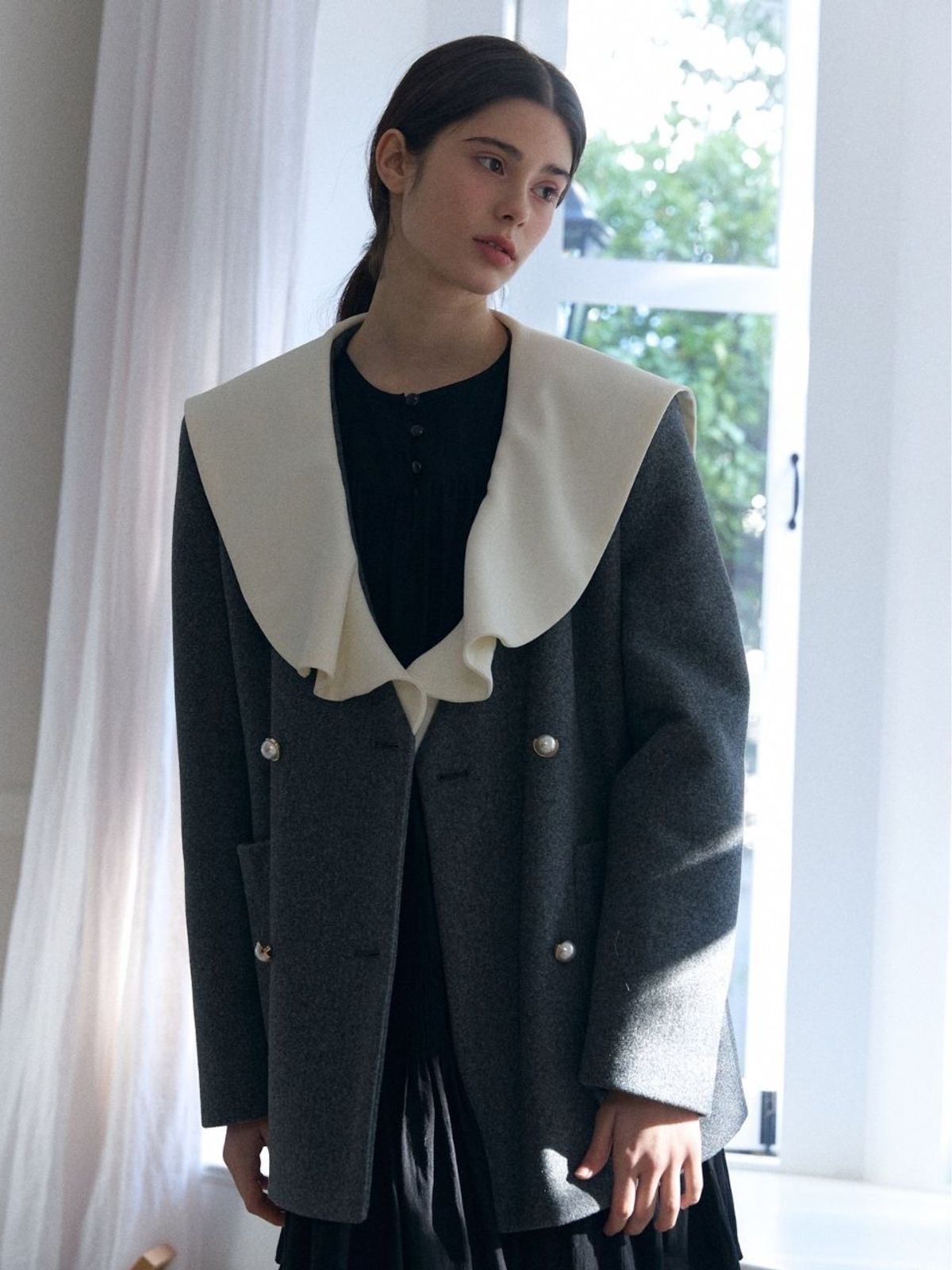 패브릭서울(FABRICSEOUL) wool coloring sailor collar half coat_grey