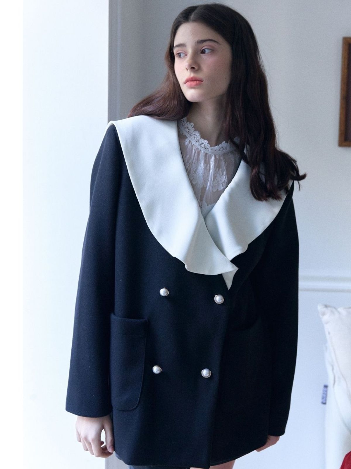 패브릭서울(FABRICSEOUL) wool coloring sailor collar half coat_black