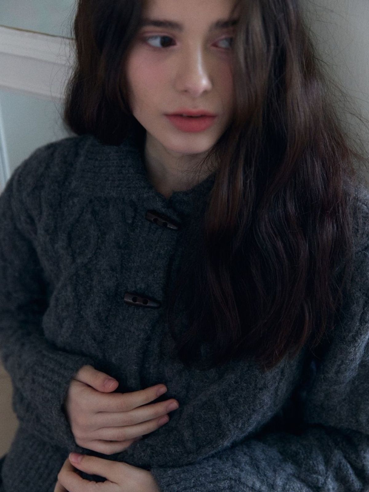 패브릭서울(FABRICSEOUL) fisher wool cable collar puff cardigan_grey