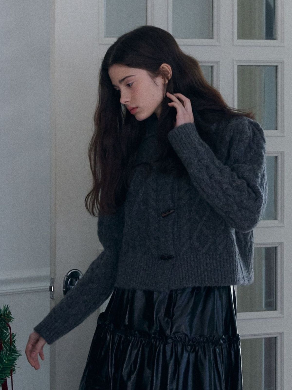 패브릭서울(FABRICSEOUL) fisher wool cable collar puff cardigan_grey