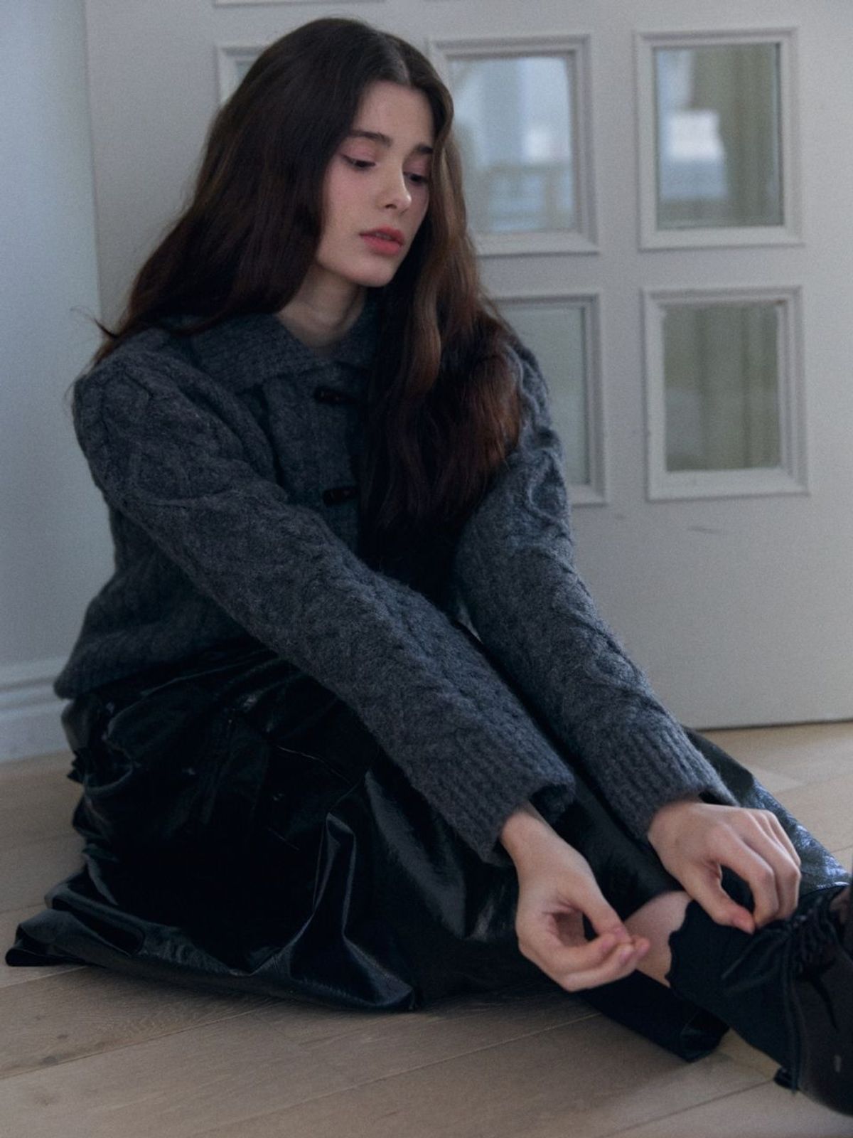 패브릭서울(FABRICSEOUL) fisher wool cable collar puff cardigan_grey