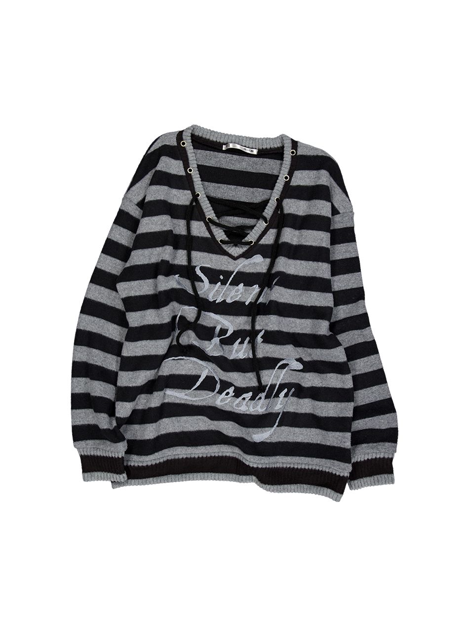 MUSINSA公式 | SETUPEXE STRIPE V-NECK MTM / BLACK